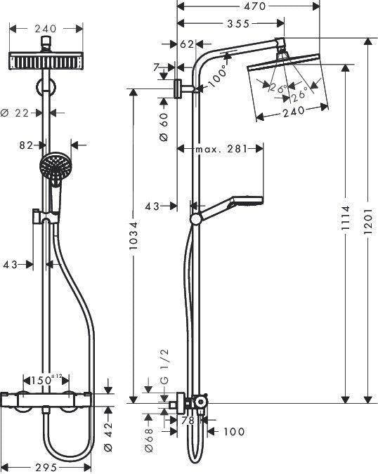 Coloana de dus Hansgrohe Crometta E240 1 jet cu baterie termostatata, crom - Kabine.ro - Baterii